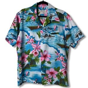Maluna Hawaii Aloha Shirt Scenic Outrigger Hibiscus Waterfall Blue VTG 70s Sz. M
